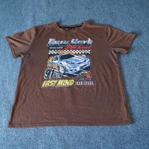 ROMWE Mens XL Brown Graphic T Shirt Fast Mind Free Racer Car Print‎ Short Sleeve